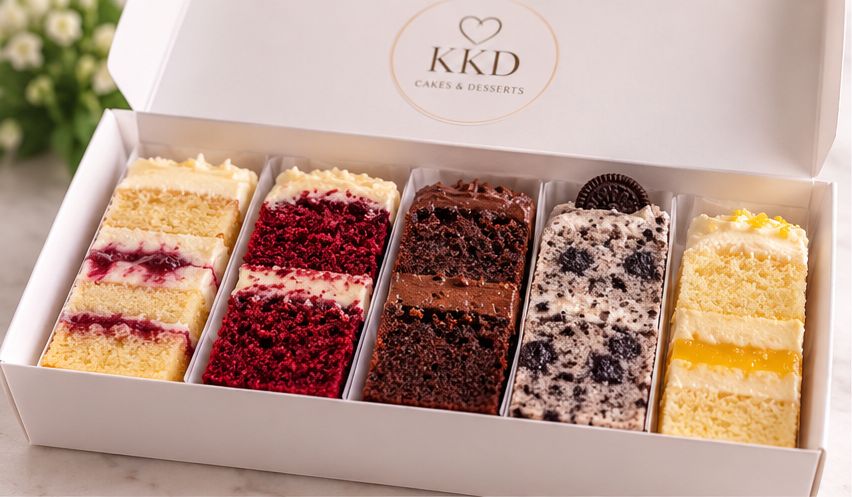 The KKD Cake Tasting Box with individually boxed slices of cake