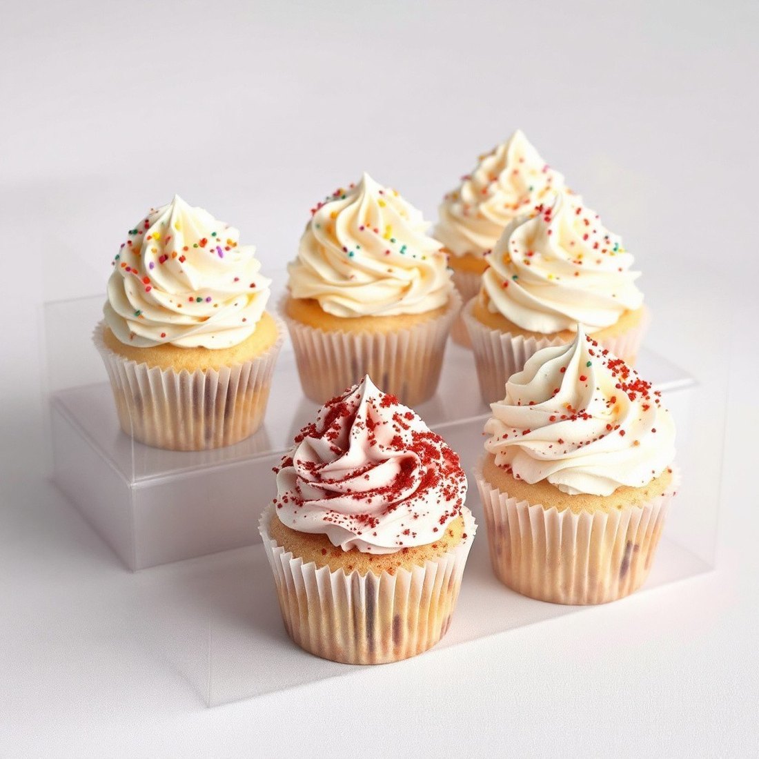 Six KKD cupcakes with piped buttercream swirls and sprinkles