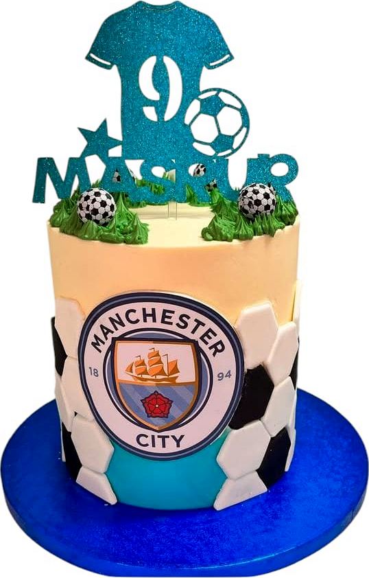 A football themed birthday cake with a club crest and number topper