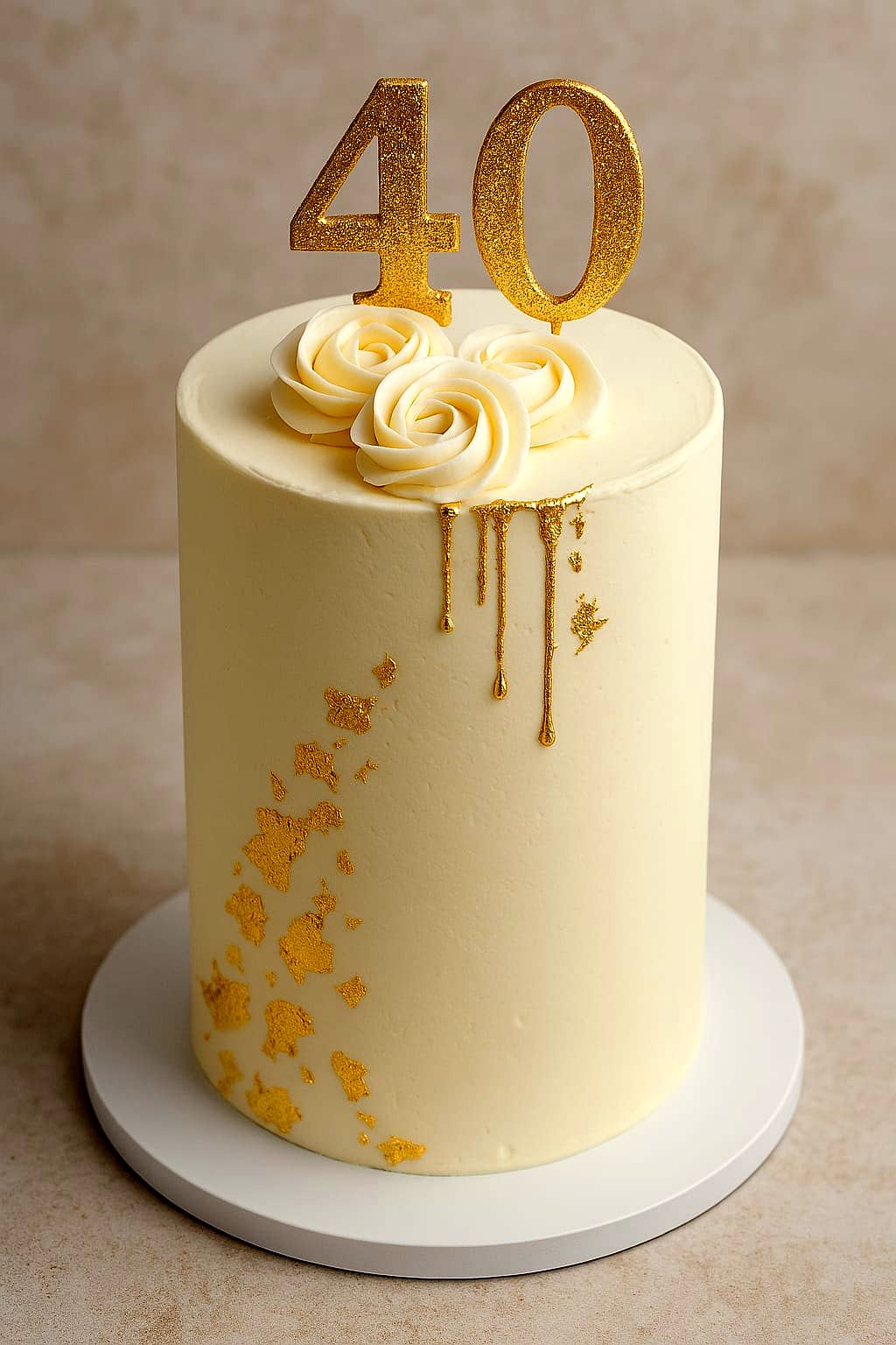 An ivory fortieth birthday cake with a gold drip and number topper