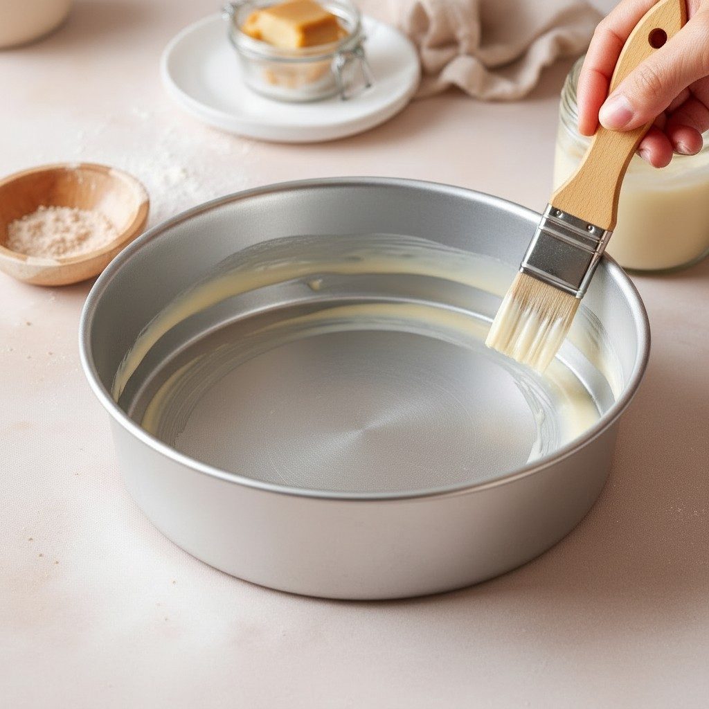 A round cake tin being brushed with pale homemade cake release paste