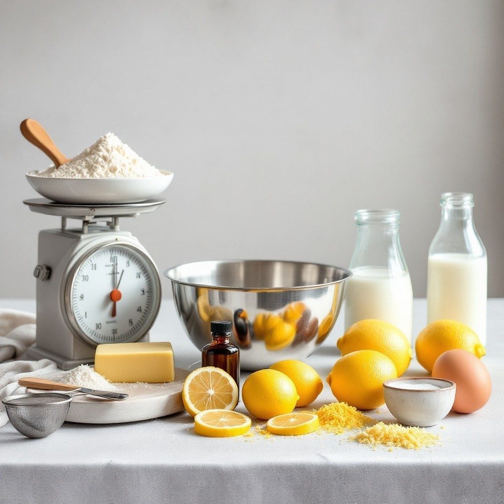 Lemons, zest, flour on kitchen scales, butter, eggs and milk laid out