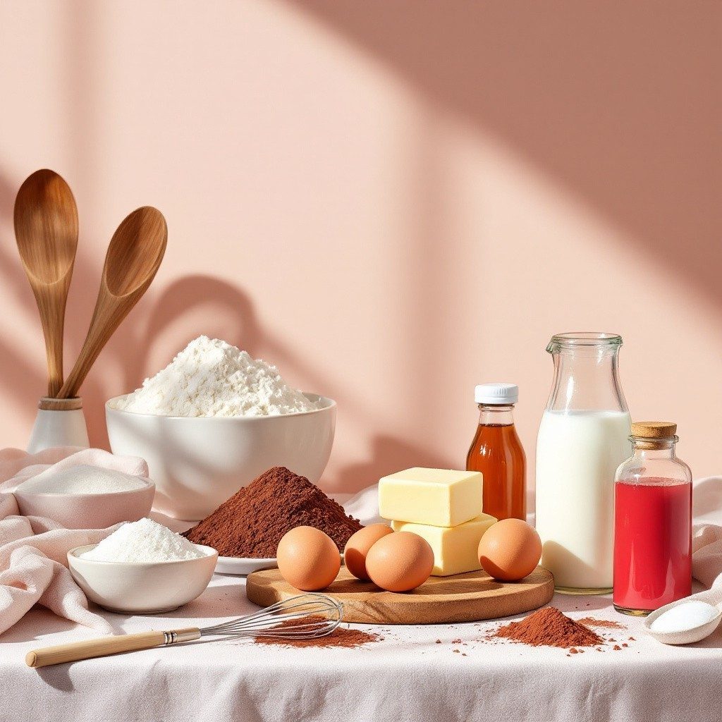 Cocoa, flour, eggs, butter, buttermilk and red colouring laid out