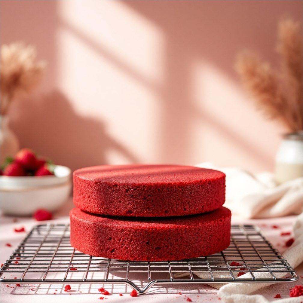 Two deep red velvet cake layers cooling on a wire rack