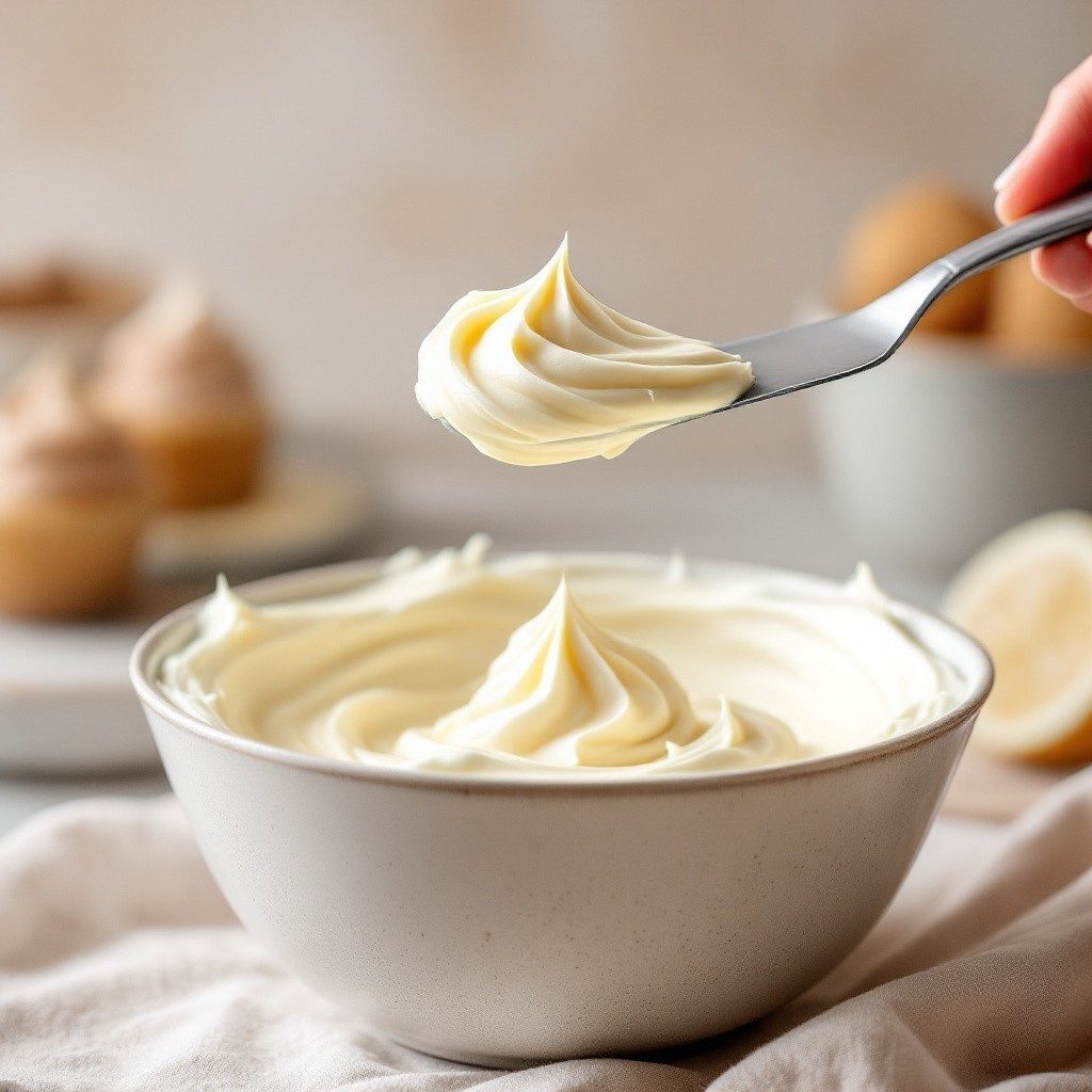 A bowl of pale, whipped vanilla buttercream with a palette knife