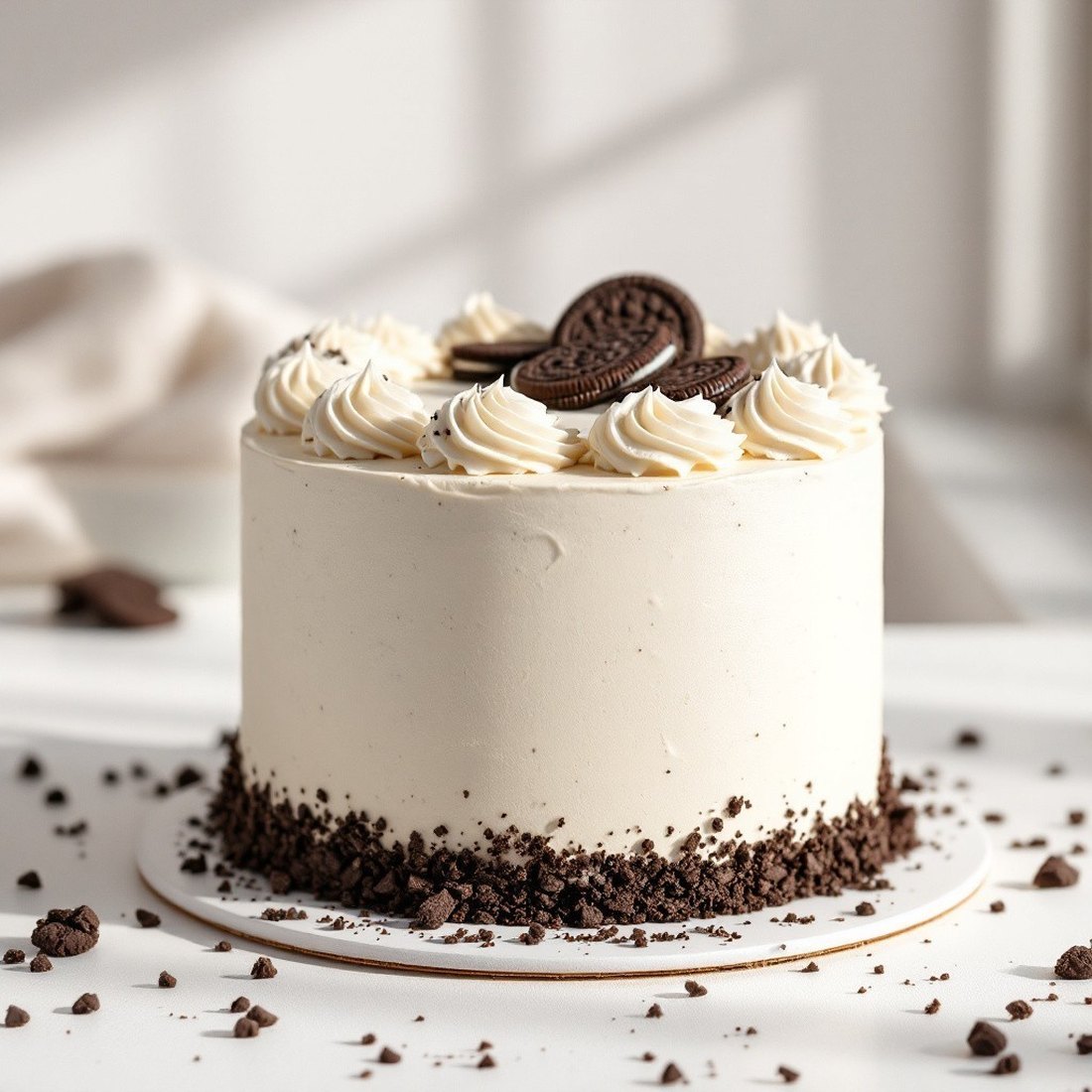 Cookies & Cream Cake in cream buttercream, topped with piped swirls and chocolate sandwich cookies, with cookie crumb around the base