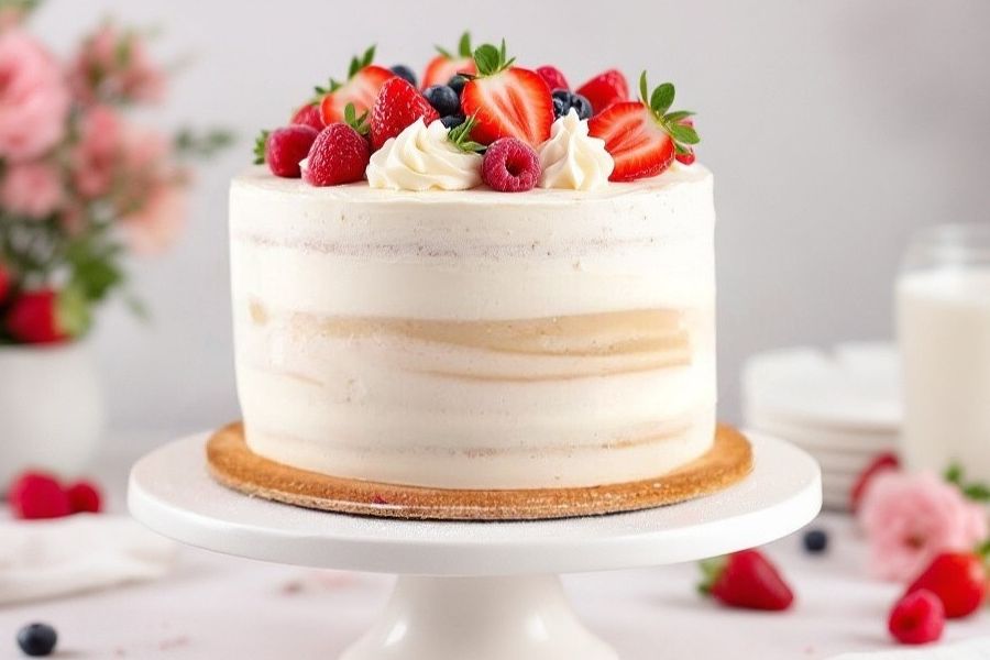 Victoria Sponge layered with fresh cream and topped with fresh fruit