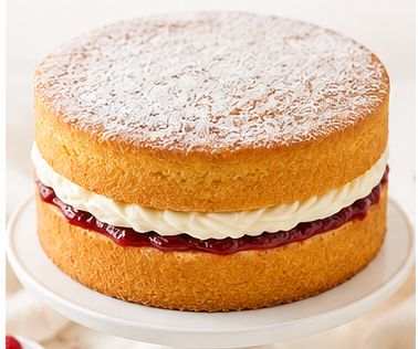 Classic Victoria Sponge finished in smooth buttercream with a dusting of icing sugar